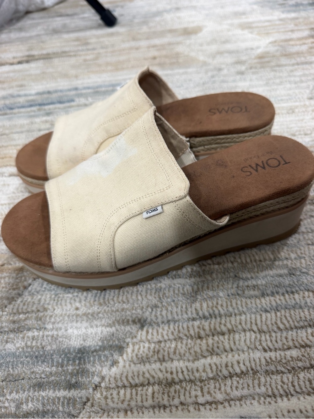 Toms Cream Canvas Slide Wedge Sandals with Brown Footbed
